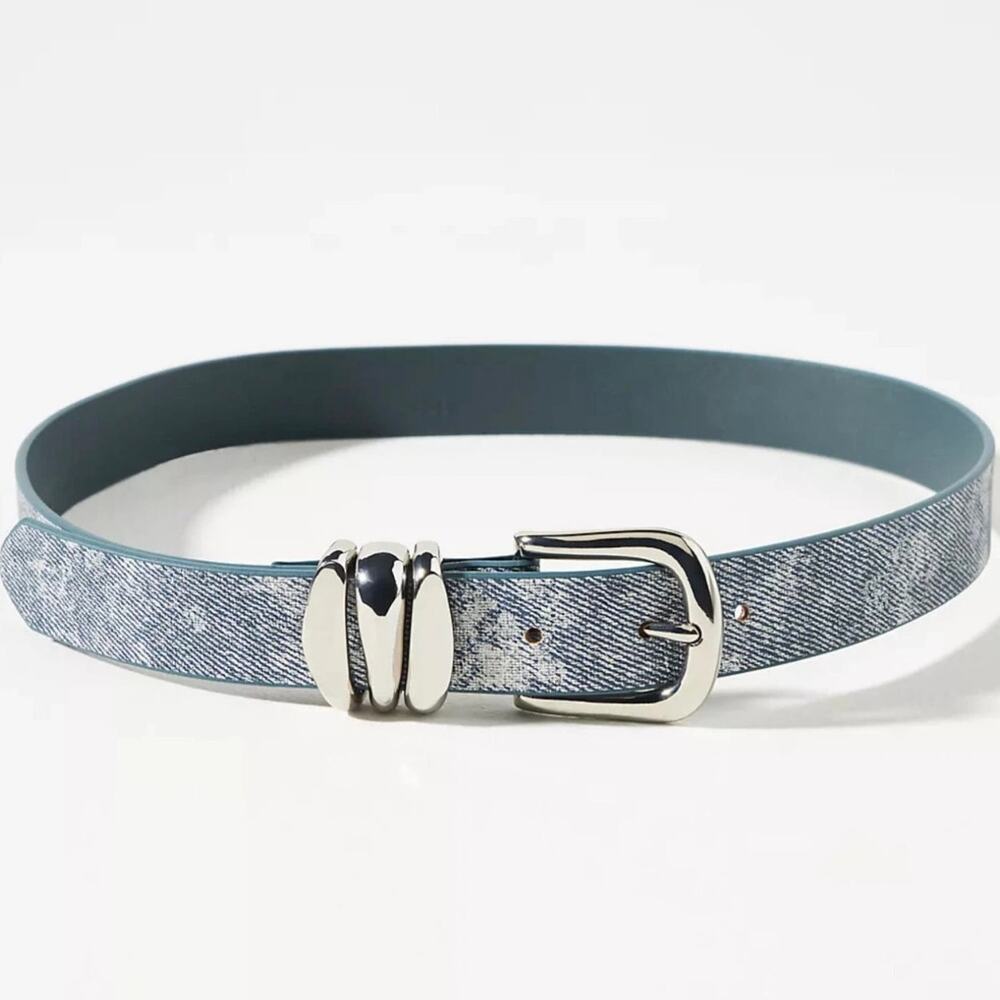 Anthropologie Denim Keeper Belt Women’s S Blue Leather Silver Buckle 34” Fit